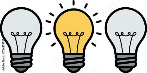 Bright Idea Illuminated Lightbulb Amidst Unlit Bulbs.