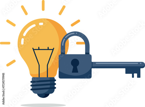 Bright idea protected by security lock and key concept.