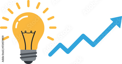 Bright idea with light bulb and upward trend arrow representing growth.