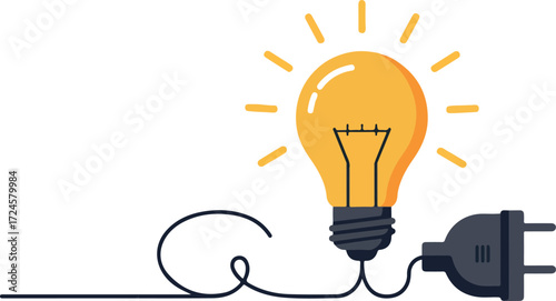 Bright lightbulb connected to power source illuminating ideas and innovation.