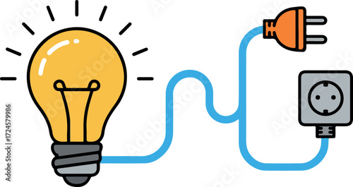 Bright lightbulb connected to power source for illumination and energy.
