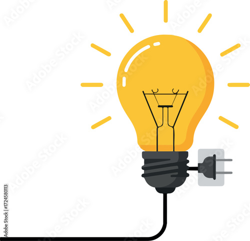 Bright yellow lightbulb with plug showing idea and innovation.