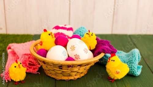 Colorful Easter eggs and chicks in a basket