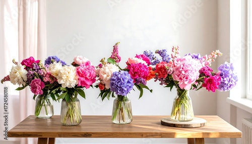 Colorful flower arrangements in vases