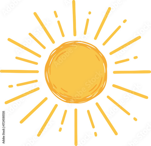 Bright yellow sun radiating light and warmth in a cheerful illustration.