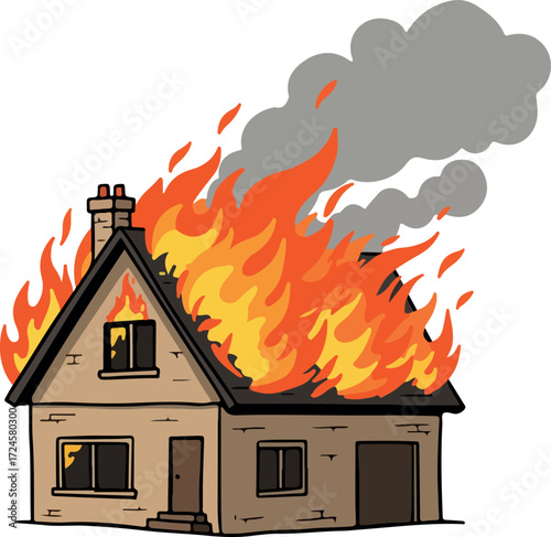 Burning house engulfed in flames and thick smoke disaster scene.