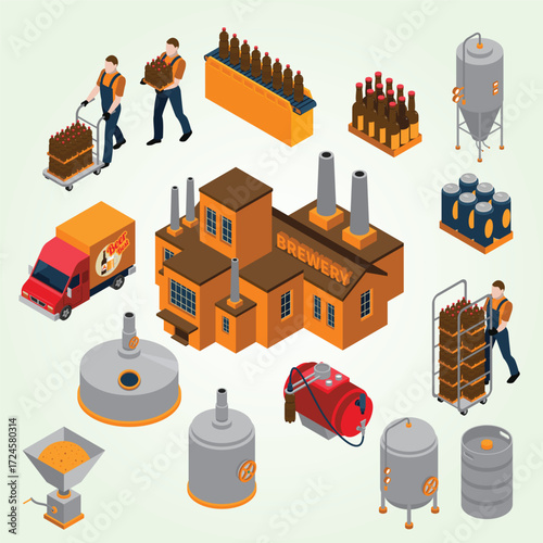 Isometric Detailed Brewery Production Process and Equipment Element Illustration