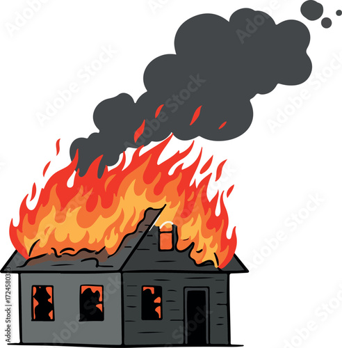 Burning house engulfed in flames and thick smoke billowing into the sky.