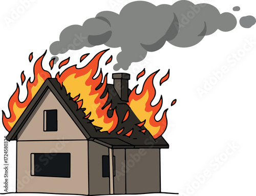 Burning house engulfed in flames and thick smoke a dangerous situation.