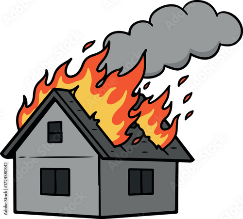 Burning house engulfed in flames with smoke billowing from the roof.