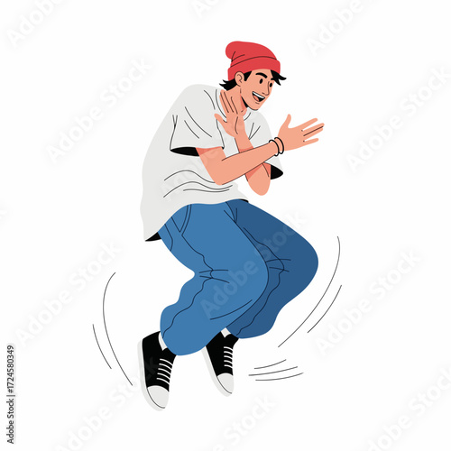 2D flat vector illustration of a gilpy teenage boy in loose t-shirt and beanie, performing a cross hand bounce hip hop move with arms crossing in front and knees bent in rhythm.