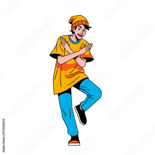 2D flat vector illustration of a gilpy teenage boy in loose t-shirt and beanie, performing a cross hand bounce hip hop move with arms crossing in front and knees bent in rhythm.