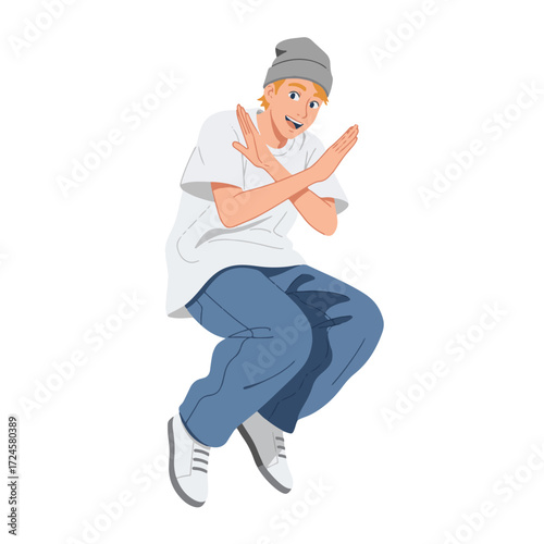 2D flat vector illustration of a gilpy teenage boy in loose t-shirt and beanie, performing a cross hand bounce hip hop move with arms crossing in front and knees bent in rhythm.