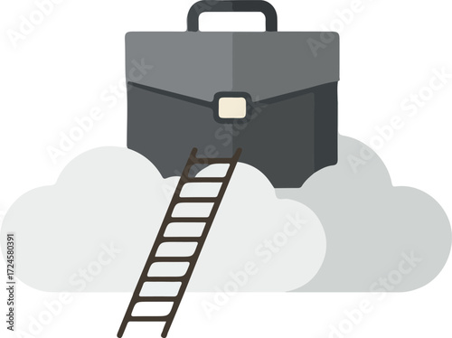 Business briefcase atop clouds with ladder representing career advancement and success.