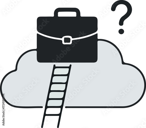 Business briefcase on cloud with ladder and question mark symbol.