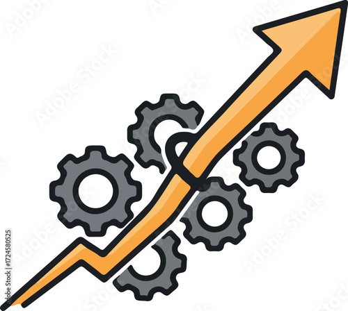 Business growth concept with gears and upward arrow representing progress.