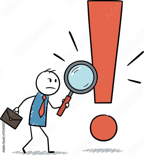 Business professional examines a problem with a magnifying glass.
