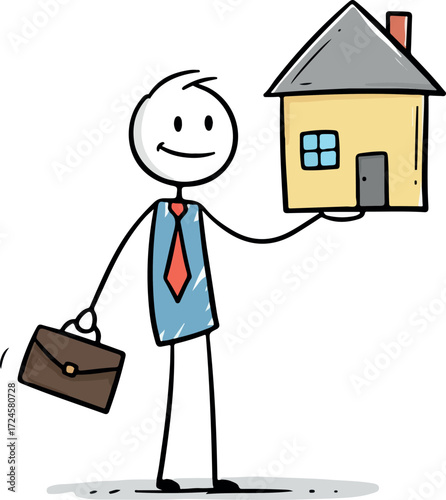 Business professional holding a house and briefcase representing real estate.