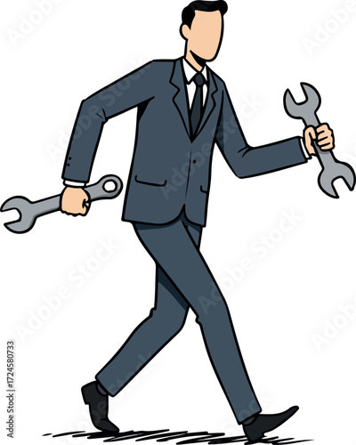 Business professional walking with wrenches ready for action and repair.