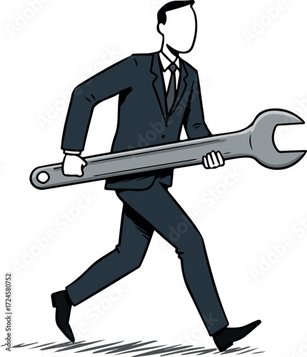 Business professional swiftly carrying large wrench for urgent repairs and solutions.