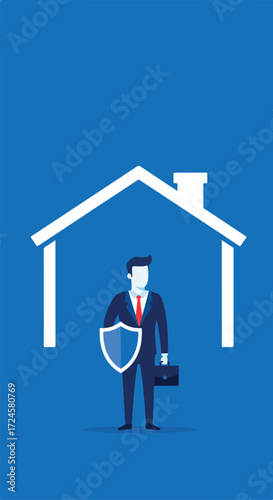 Business professional protects home with shield and briefcase.