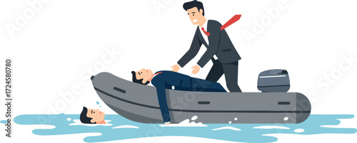 Business rescue concept with man helping another in boat.