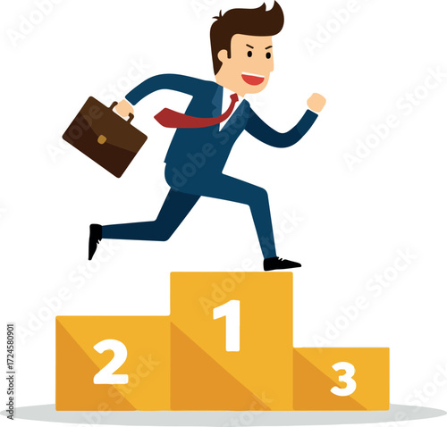 Businessman celebrates success on podium achieving first place in competition.