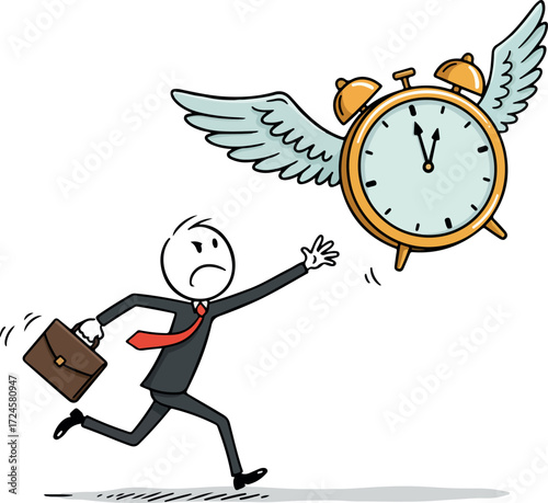 Businessman chasing flying clock representing time management and deadlines.