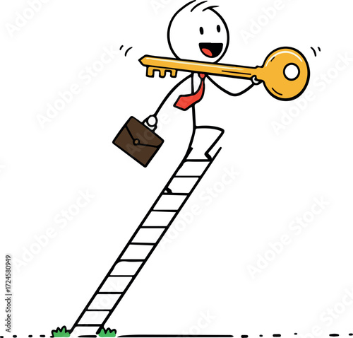 Businessman climbing ladder to success holding golden key achieving goals.
