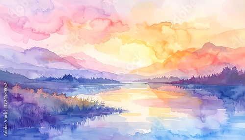 Colorful landscape sunrise over water