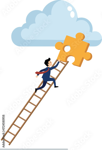 Businessman climbing ladder to reach puzzle piece representing success and achievement.