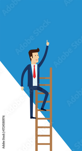 Businessman climbing ladder reaching for success and achieving goals.