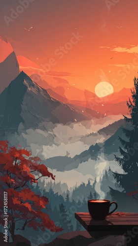 Illustration of coffee cup on balcony overlooking mountain valley at sunset, warm autumn landscape with glowing sky and misty hills

