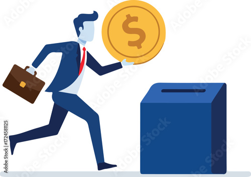 Businessman donating money to charity with briefcase in hand and running.