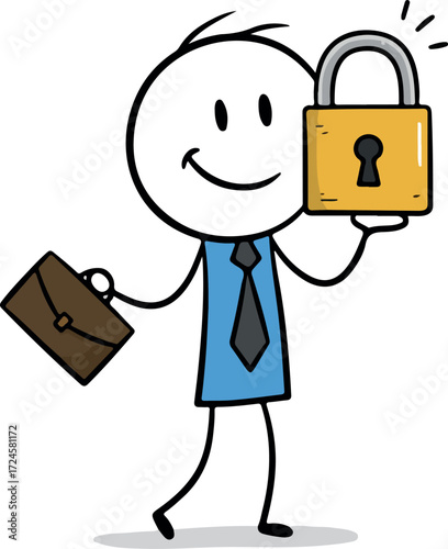 Businessman holding a briefcase and a padlock symbolizing security and protection.