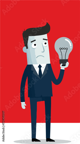 Businessman holding a lightbulb looking sad and uninspired with no ideas.