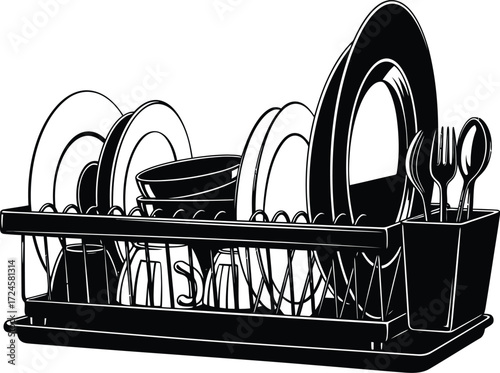 Black and White Dish Rack with Plates, Bowls, Glasses