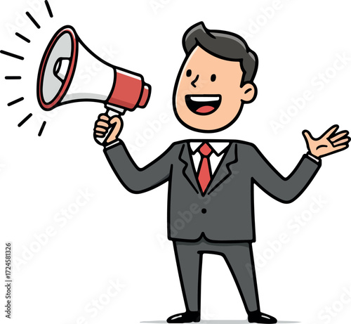 Businessman holding a megaphone announcing something important with enthusiasm.
