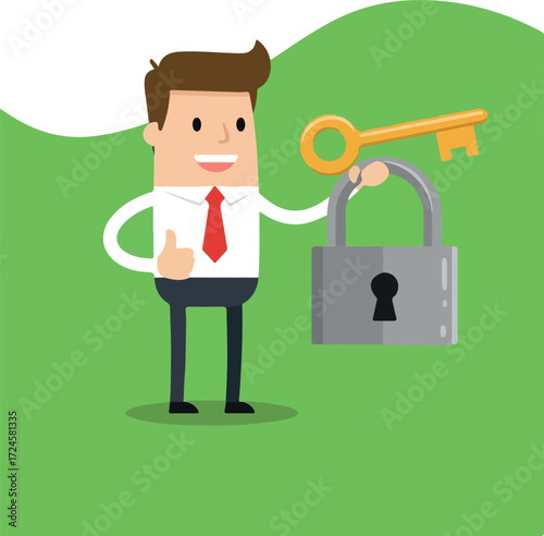 Businessman holding a padlock with a key representing security and access.