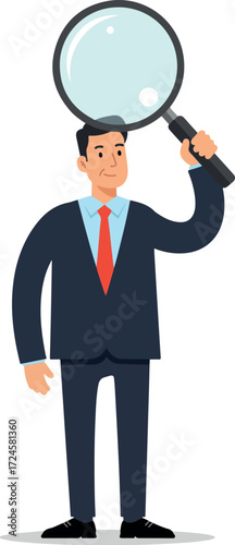 Businessman holding a magnifying glass over his head for inspection.