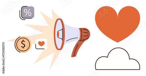 Megaphone with speech icons, heart, dollar coin, and cloud visualizing ideas thumbs up marketing, charity, finance, emotional appeal, sales, advertising and online promotion in a simple flat