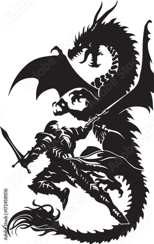 Clash of Fantasy: A silhouette illustration depicts a knight in shining armor locked in an epic battle with a fearsome dragon, symbolizing courage and conflict. 