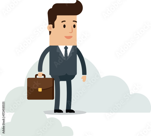 Businessman holding briefcase standing on clouds representing success and ambition.