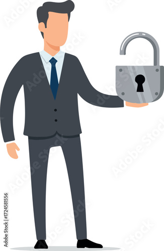 Businessman holding an open padlock symbolizing security and access.