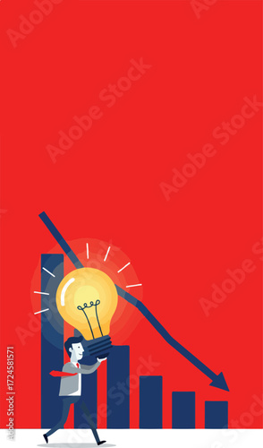 Businessman holding lightbulb with downward trend chart showing decline.