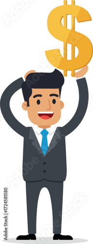 Businessman holding dollar sign celebrating financial success and achievement.
