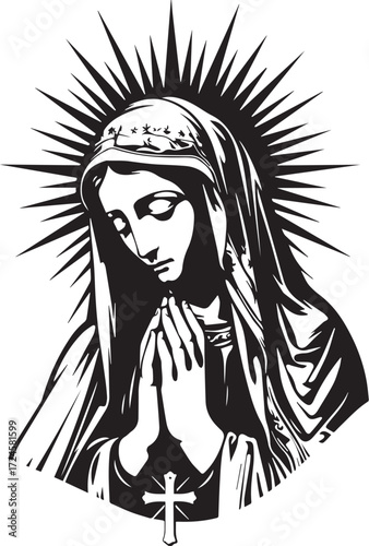 Praying Statue of the Virgin Mary: A reverence representation of Virgin Mary is praying , a sacred image of grace and serenity, radiant with divine light, symbolizing faith, spirituality, and hope.