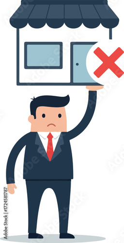 Businessman holding shop with red cross symbol indicating business failure.