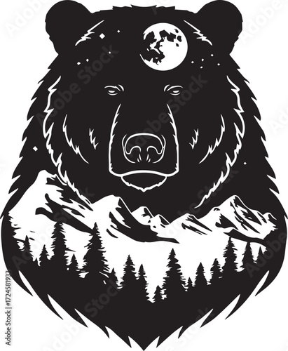 Wild Bear Silhouette in Nature: A striking silhouette of a bear's head frames a serene mountainous scene, where nature intertwines seamlessly, showing a connection between the wilderness and wildlife.