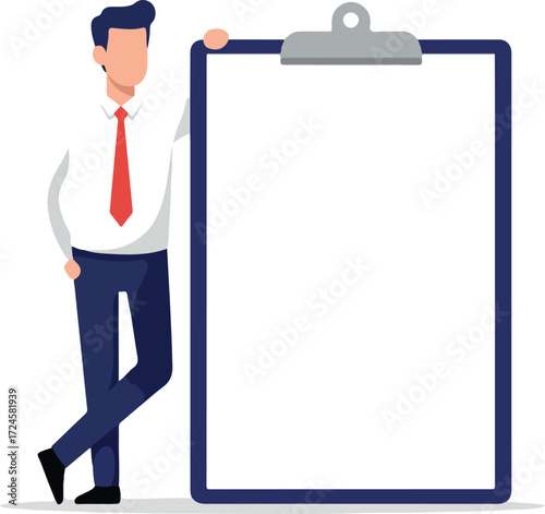 Businessman leaning on a blank clipboard ready for notes and planning.